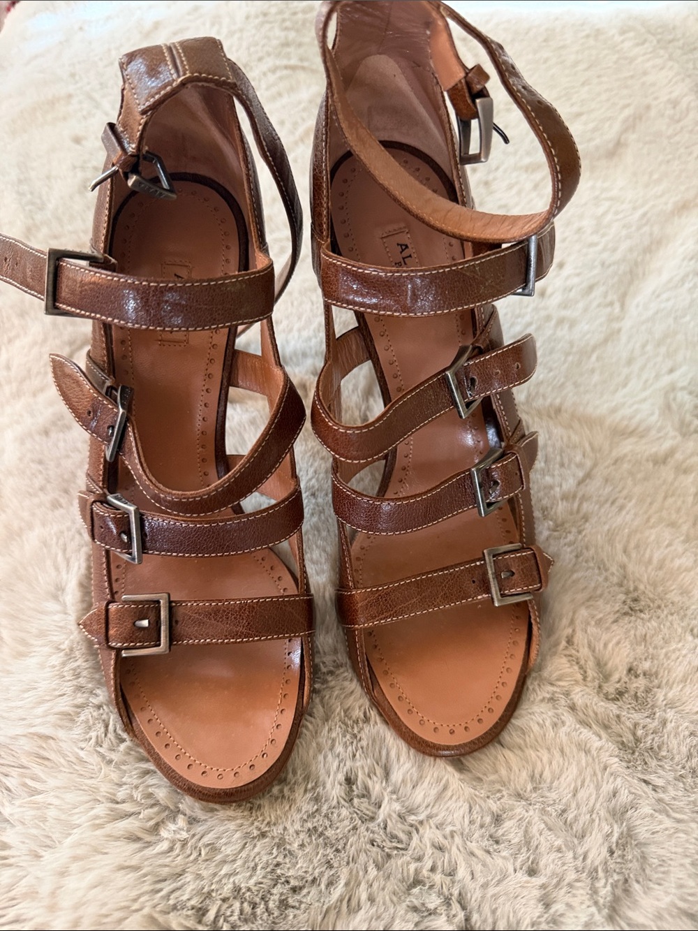 Alaia Brown Multi-Strap Leather Buckle Heels